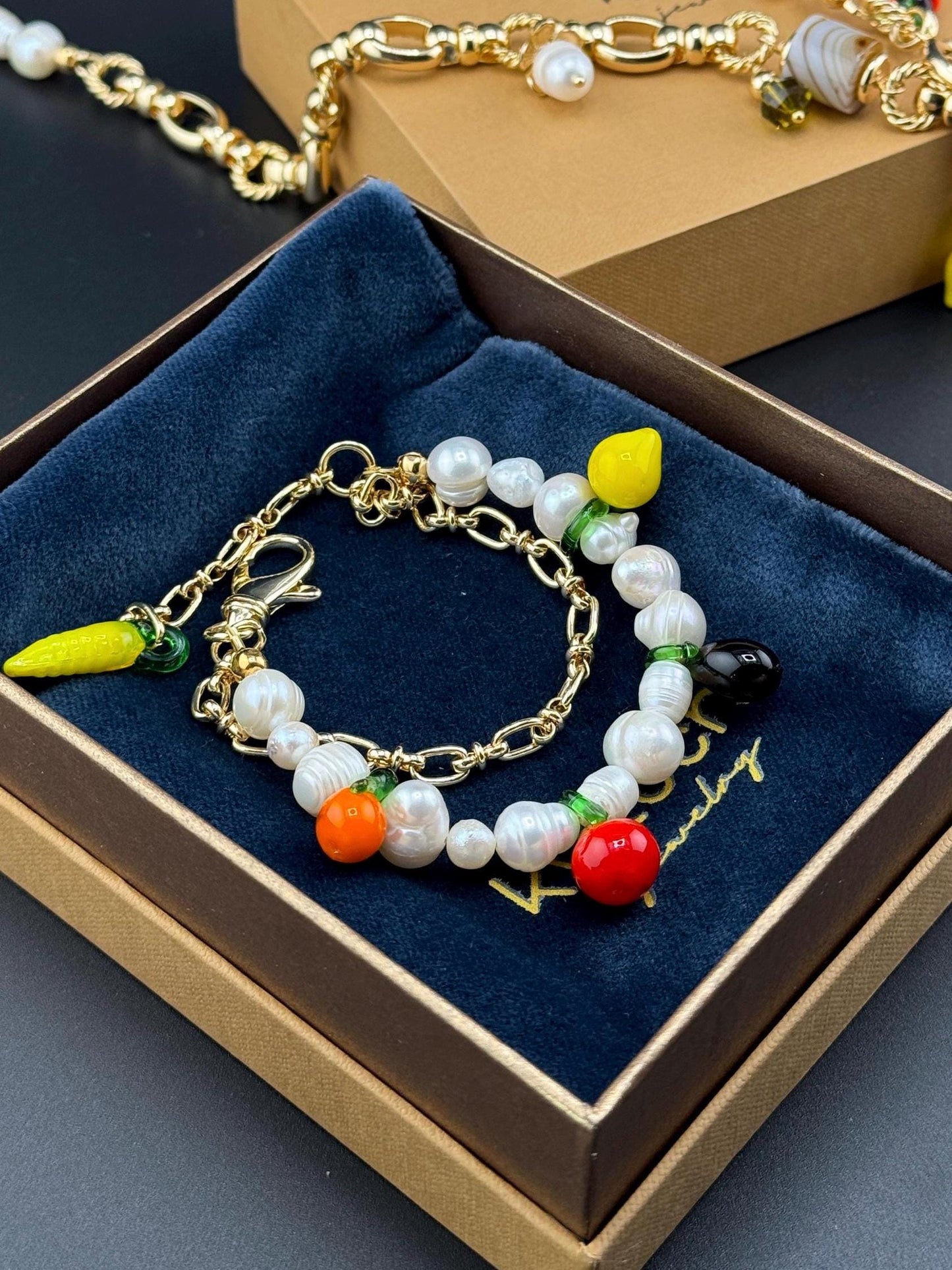 Bracelet Pearl Lampwork Gold plated 18K Glass vegetables and fruits Gift for Women