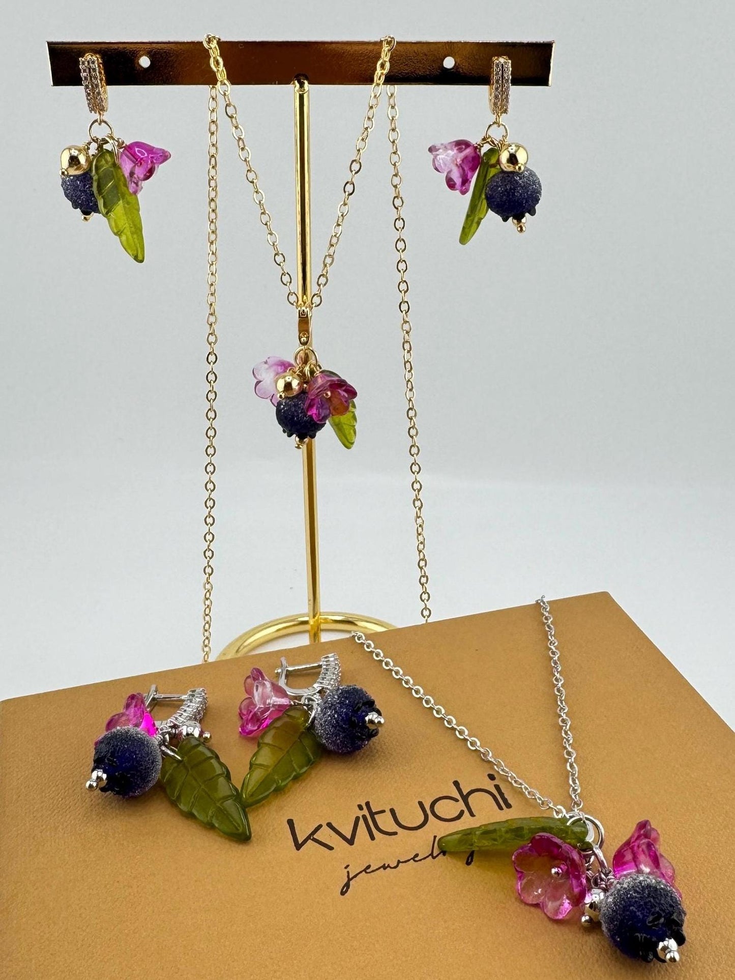 Botanical Jewelry Set Bohemian Earrings & Necklace Chain with Pendant 18K Gold Plated  Gift Ideas