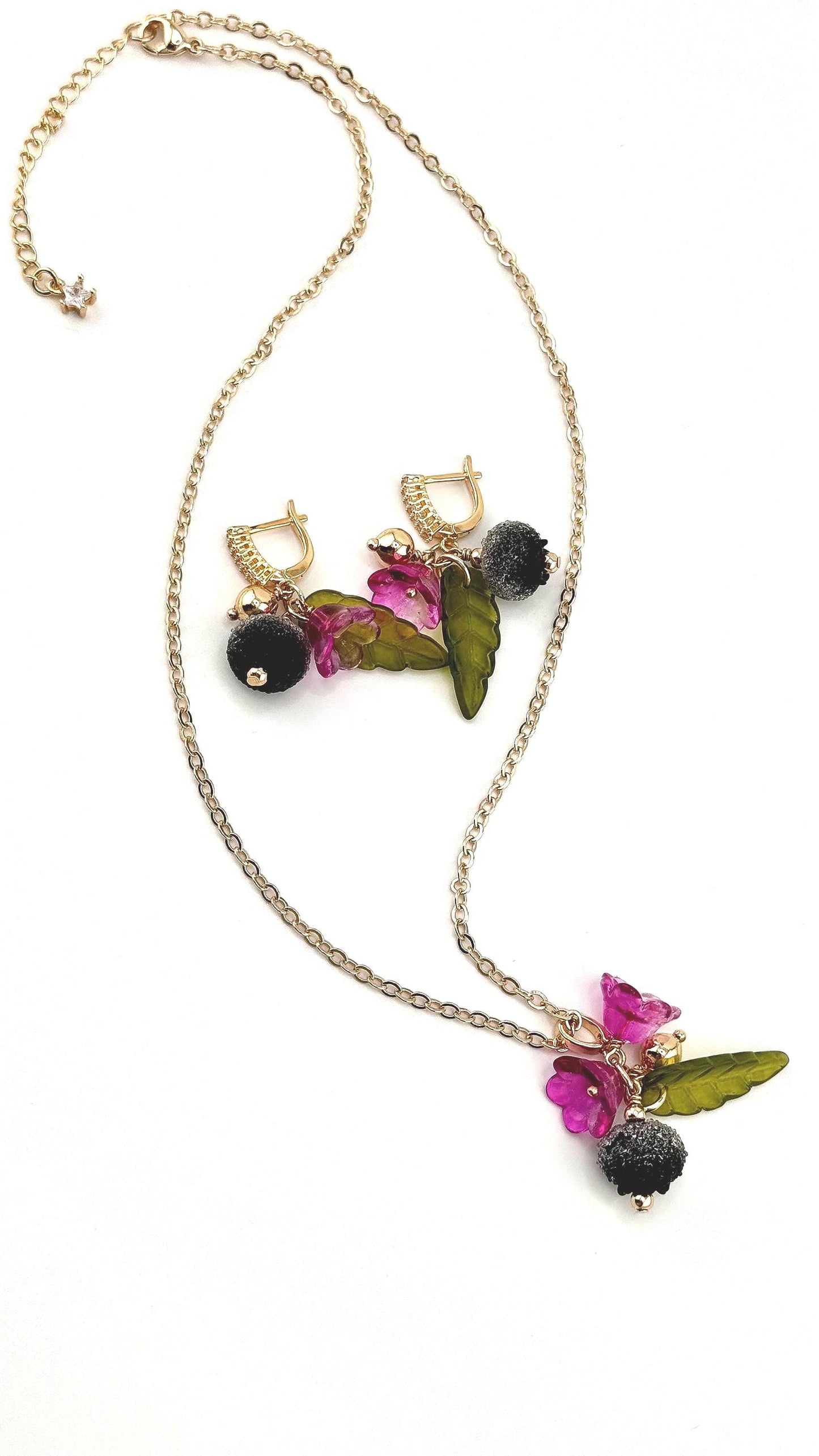 Botanical Jewelry Set Bohemian Earrings & Necklace Chain with Pendant 18K Gold Plated  Gift Ideas