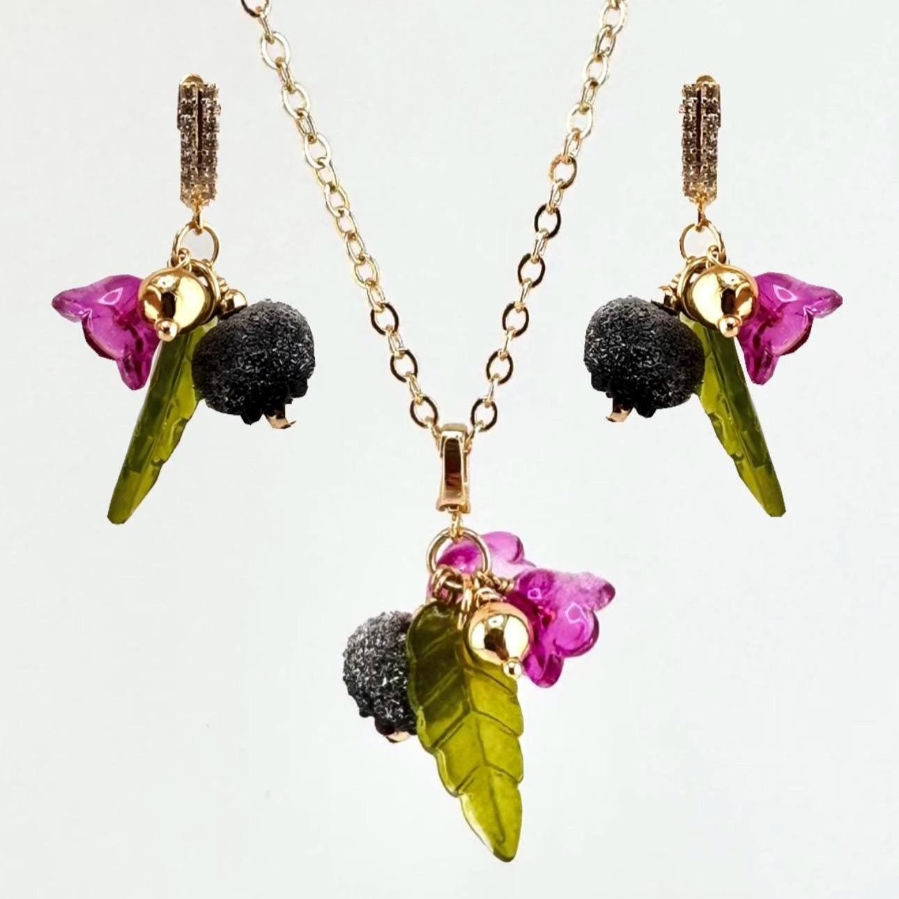 Botanical Jewelry Set Bohemian Earrings & Necklace Chain with Pendant 18K Gold Plated  Gift Ideas