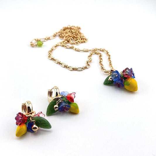 Charming Lemon Floral Necklace set earrings 18K Gold Plated Boho Gifts with Lampwork Crystal Pendant, Chain Christmas Gift