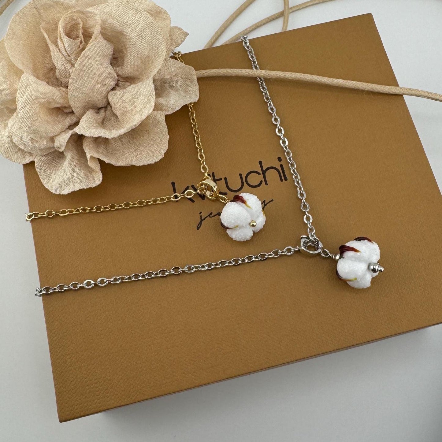 Botanical Jewelry Set Cotton Earrings & Chain with Pendant 18K Gold Plated Necklace Lampwork Perfect Gift