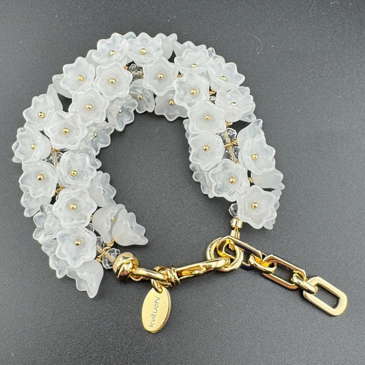 Set Bohemian Bouquet White Wedding Bracelet Earrings Czech Glass Floral Jewelry for Women, Perfect Gift  18K Gold Plated