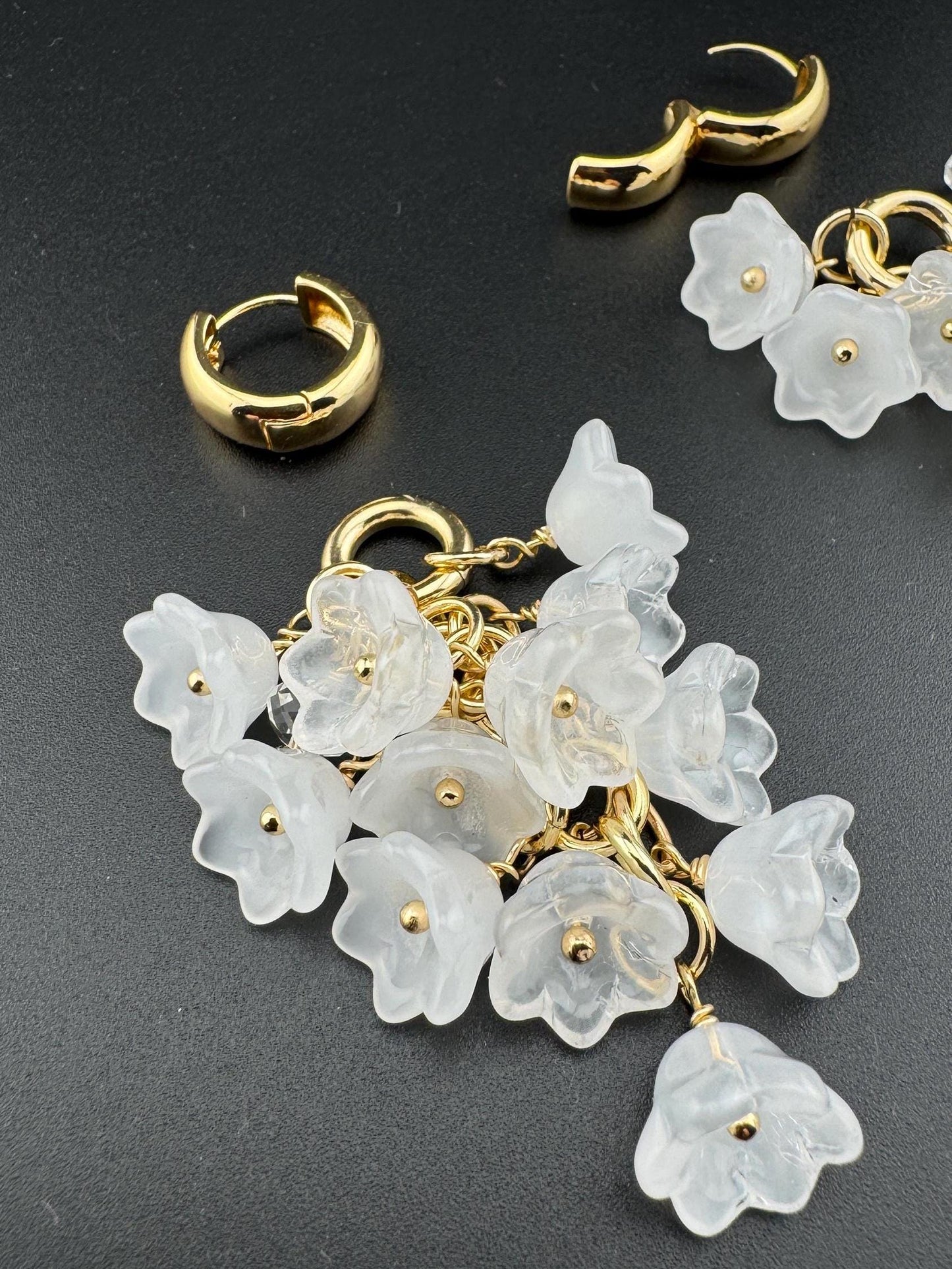 Set Bohemian Bouquet White Wedding Bracelet Earrings Czech Glass Floral Jewelry for Women, Perfect Gift  18K Gold Plated