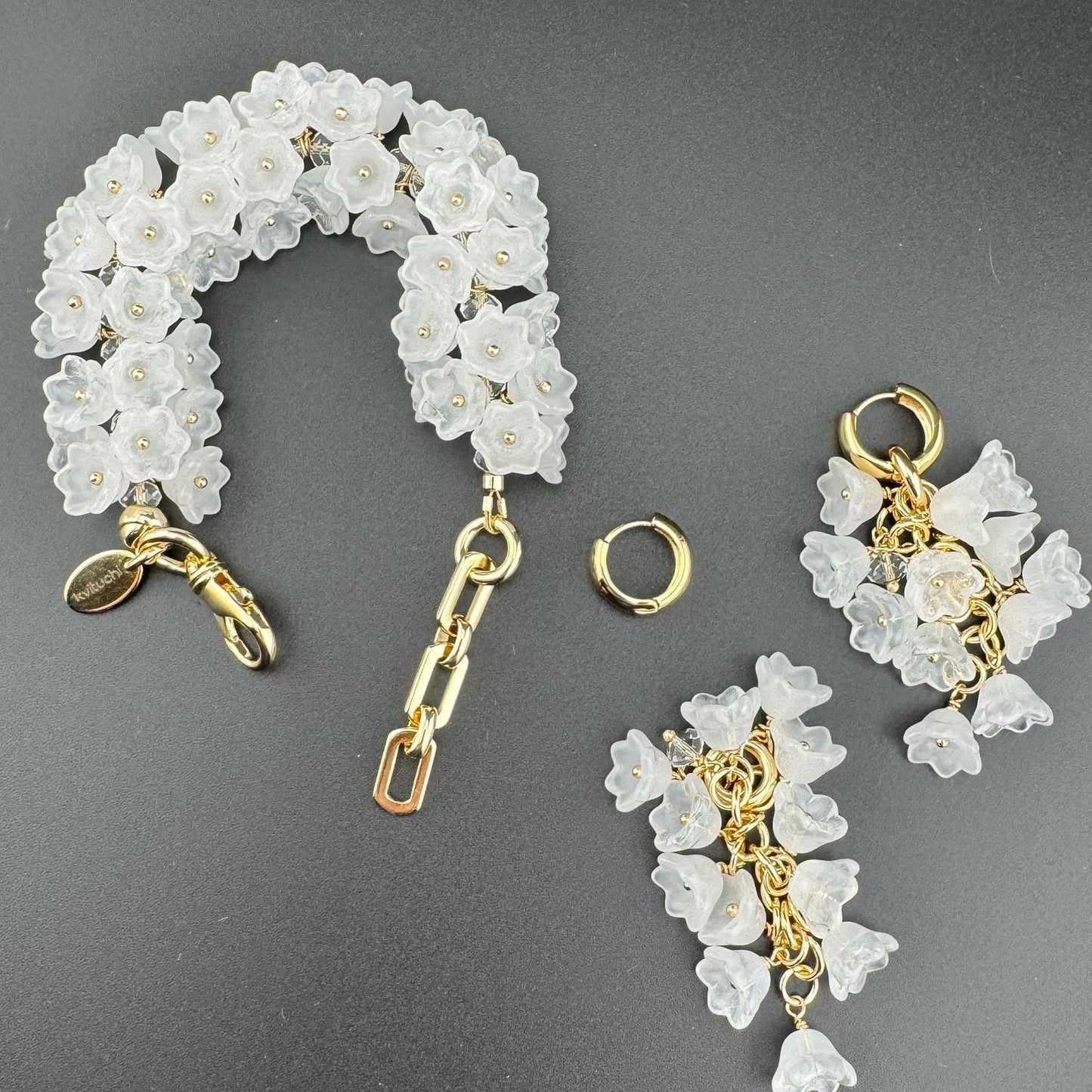 Set Bohemian Bouquet White Wedding Bracelet Earrings Czech Glass Floral Jewelry for Women, Perfect Gift  18K Gold Plated