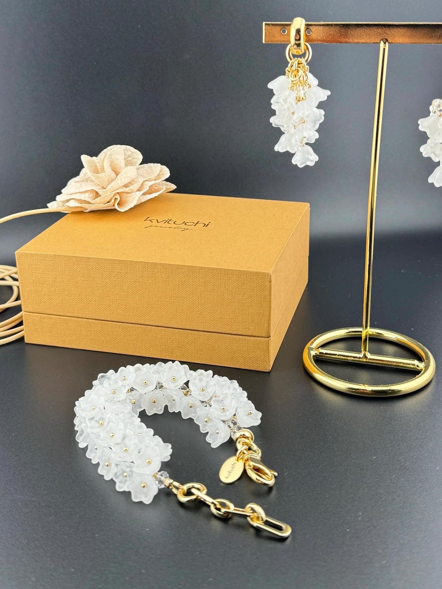 Set Bohemian Bouquet White Wedding Bracelet Earrings Czech Glass Floral Jewelry for Women, Perfect Gift  18K Gold Plated