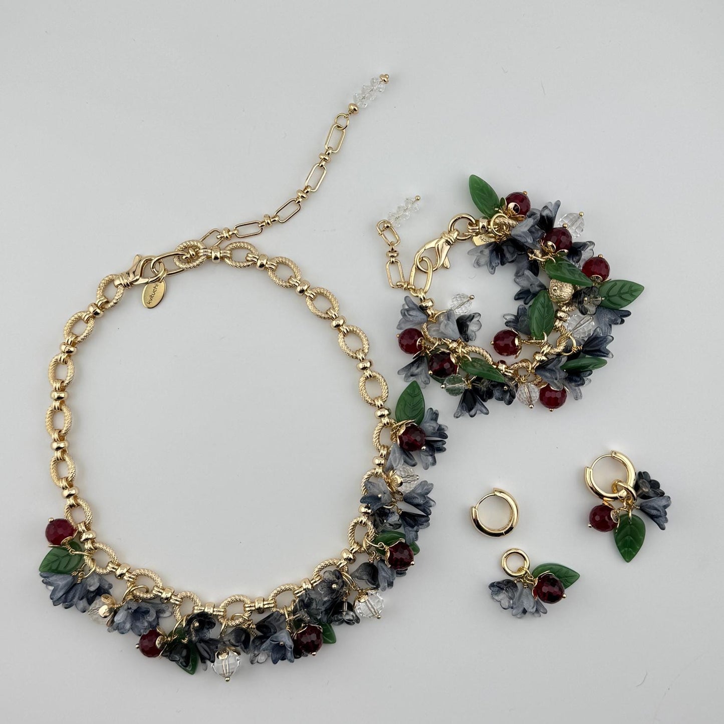 Elegant Flower Jewelry Bracelet 18K Gold Plated Floral Lampwork Wildberry, Chocker, Gift Christmas