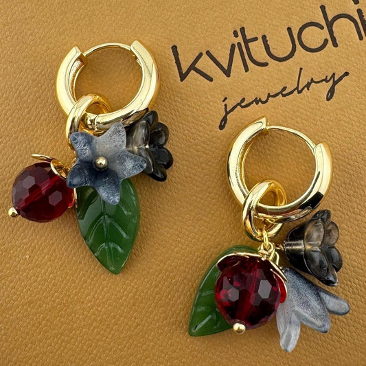 Elegant Flower Jewelry Earrings 18K Gold Plated Floral Lampwork Wildberry, Gift