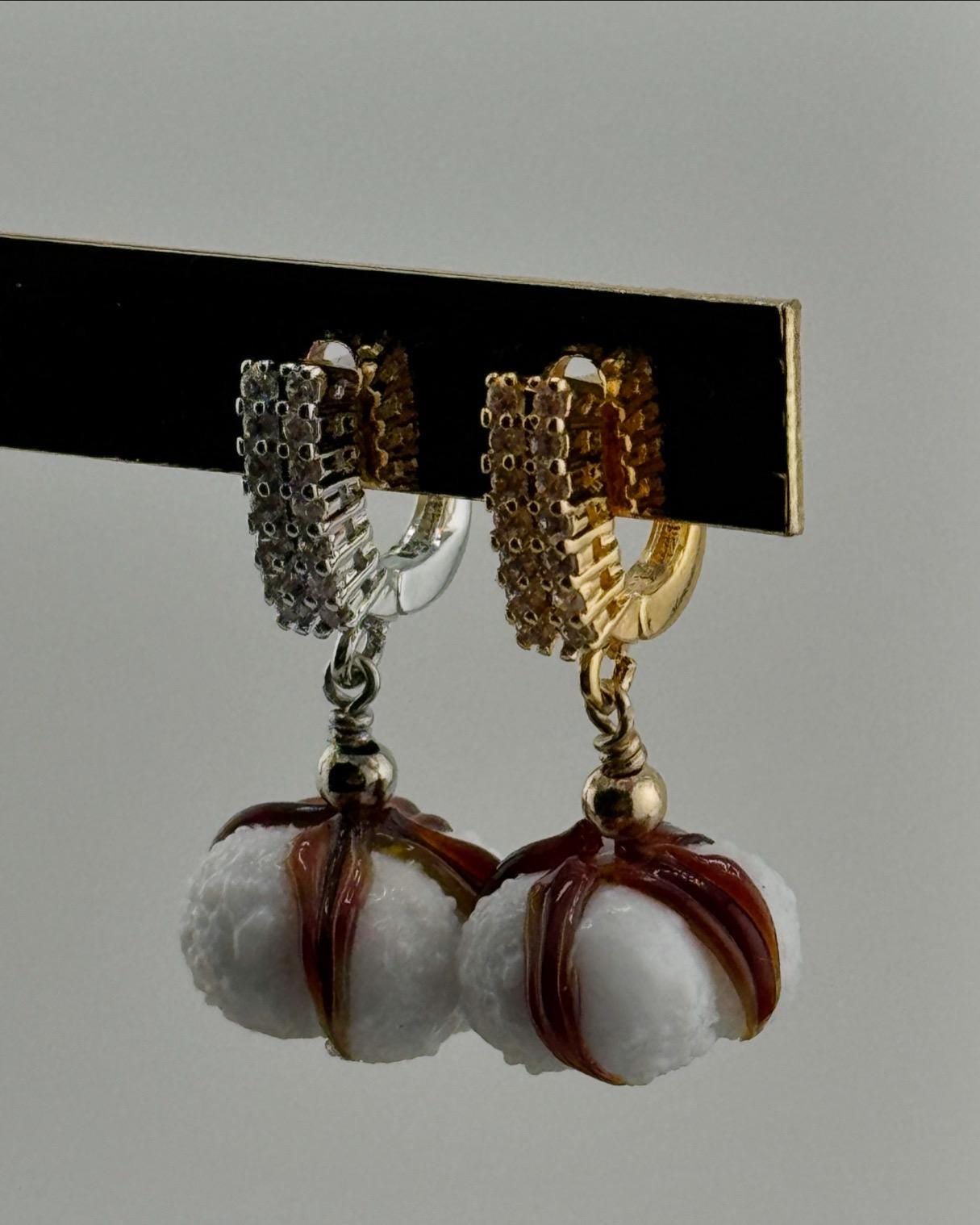 Botanical Jewelry Set Cotton Earrings & Chain with Pendant 18K Gold Plated Necklace Lampwork Perfect Gift