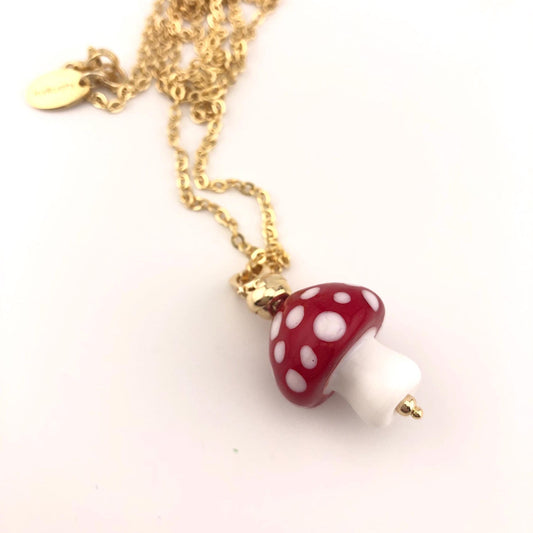 Mushroom Pendant Necklace Chain Lampwork Gift Ideas 18K Gold plated Glass Botanical Bohemian Christmas gifts